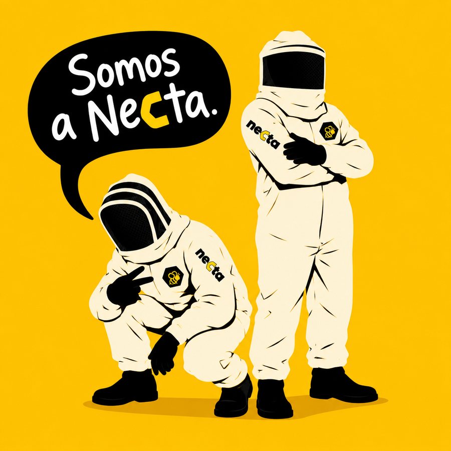 Dupla da Necta em traje de apicultor, com um balão de fala escrito Somos a Necta